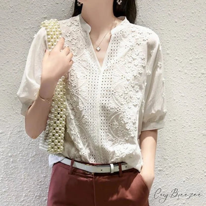 Floral Embroidery Lace Hollow V-neck Crop Top blouse-250126