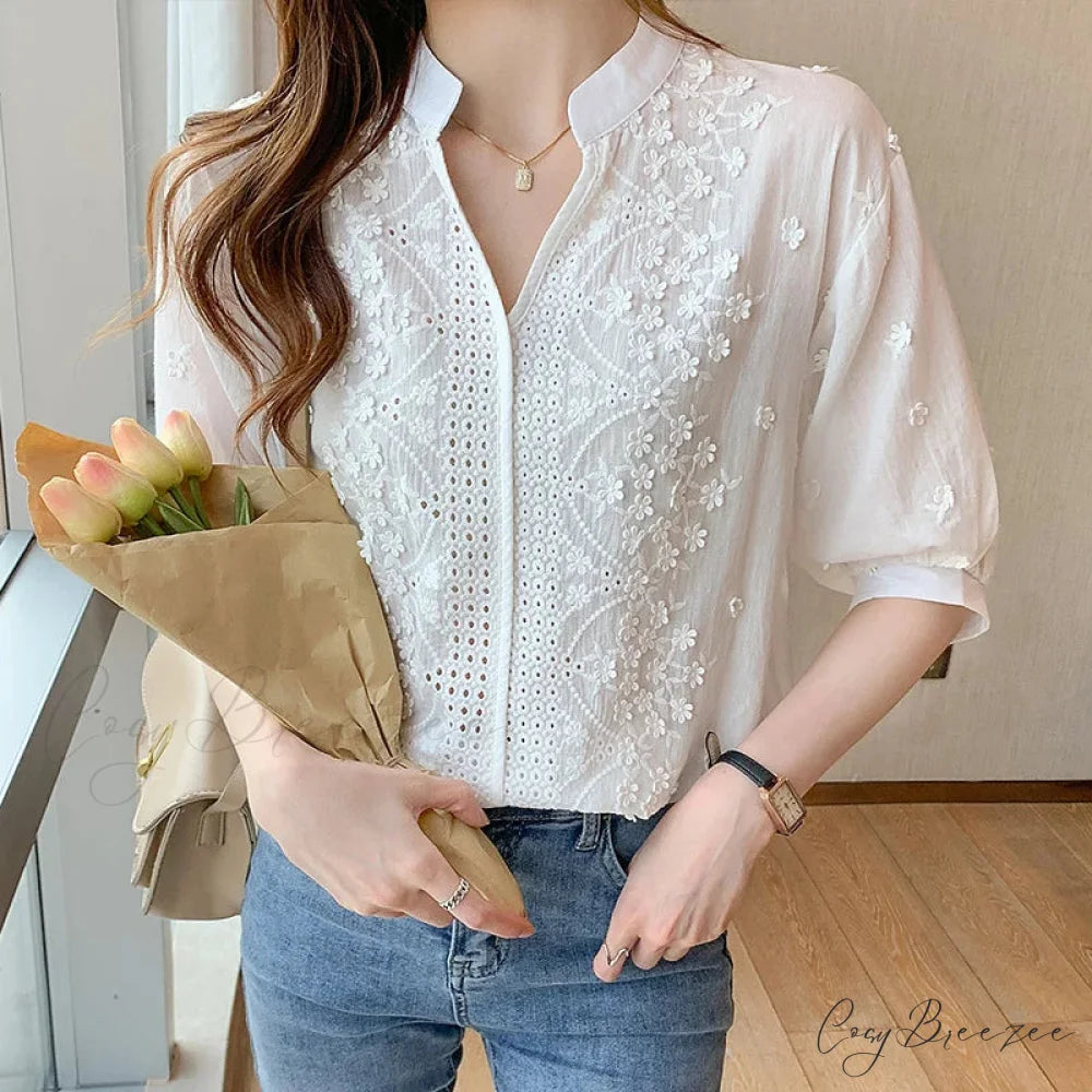 Floral Embroidery Lace Hollow V-neck Crop Top WHITE / S blouse-250126