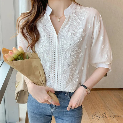 Floral Embroidery Lace Hollow V-neck Crop Top WHITE / S blouse-250126