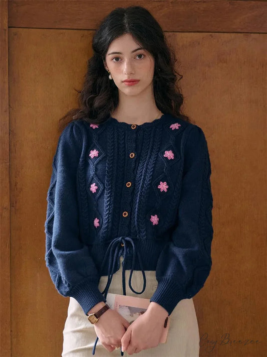 Floral Embroidery Round Neck Button Cardigan Blue / S cardigans-241228