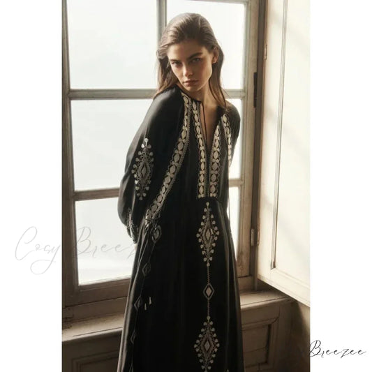 Floral Embroidery Stretch Waist Holiday Maxi Boho Dress Black / S bohodress-250126