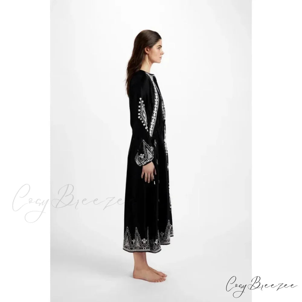 Floral Embroidery Stretch Waist Holiday Maxi Boho Dress bohodress-250126