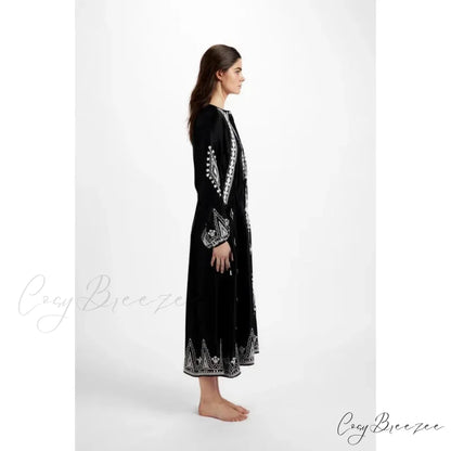 Floral Embroidery Stretch Waist Holiday Maxi Boho Dress bohodress-250126