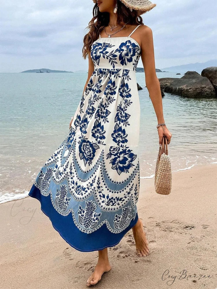 Floral Ethnic Print Back Graceful Smocked Loose Midi Dress