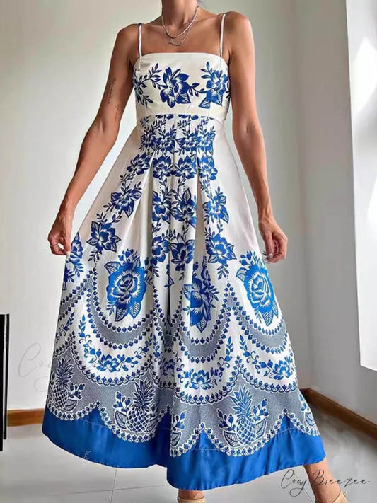 Floral Ethnic Print Back Graceful Smocked Loose Midi Dress Blue / S