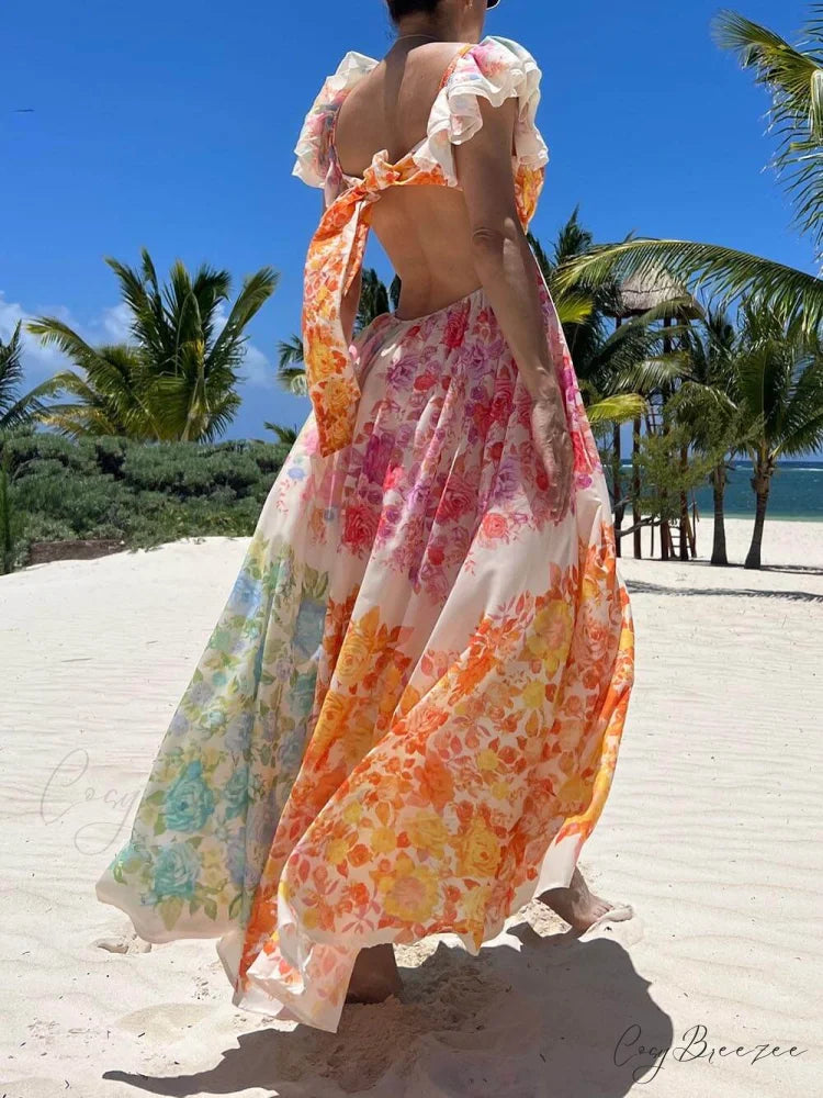 Floral Frill Cutout Charming Back Tie-Up Maxi Dress
