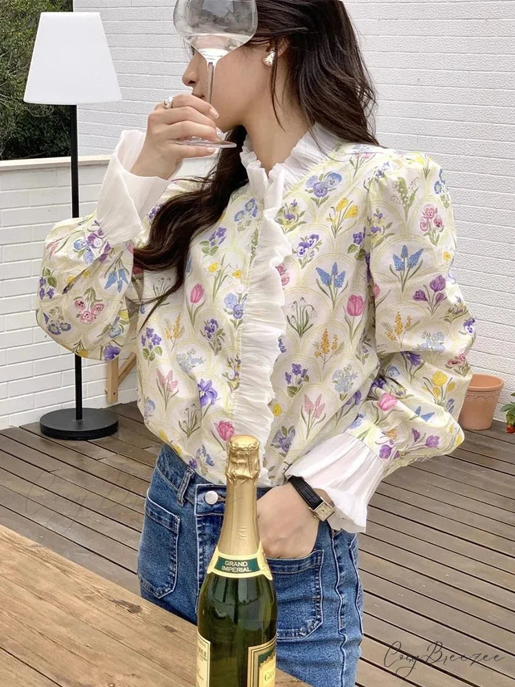 Floral Frilled Flared Sleeve Blouse blouse-250223