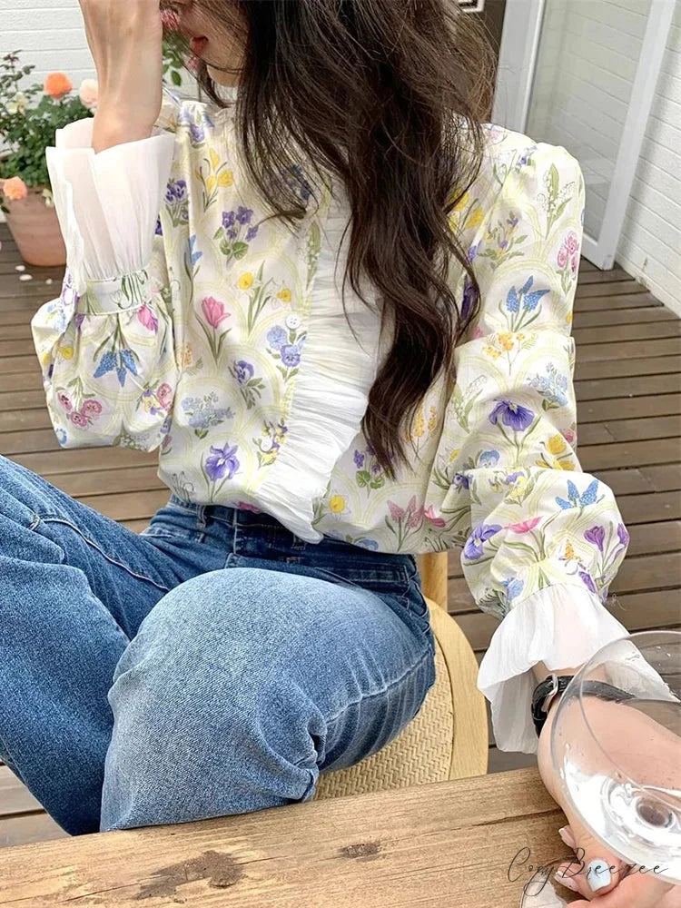 Floral Frilled Flared Sleeve Blouse blouse-250223