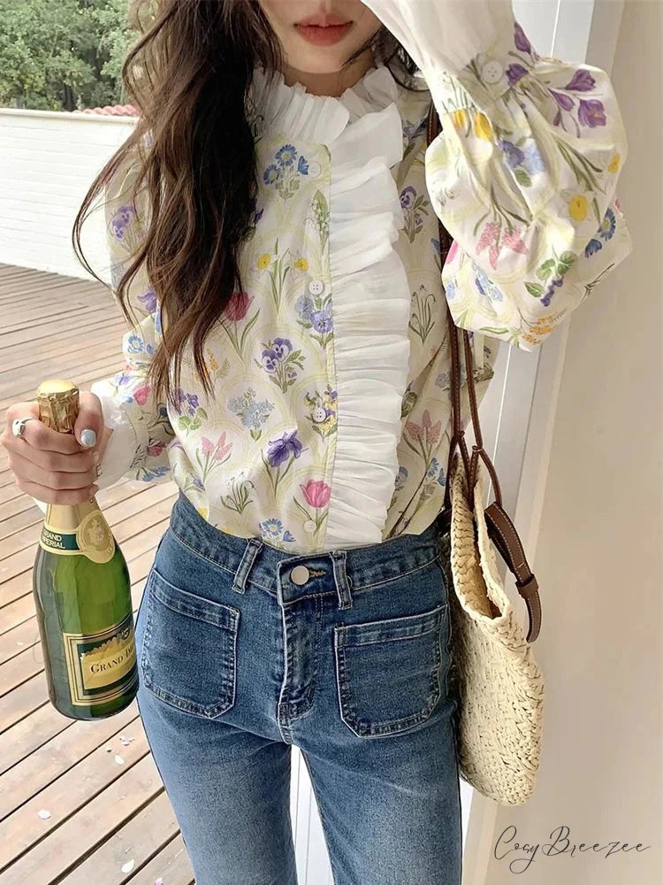 Floral Frilled Flared Sleeve Blouse blouse-250223