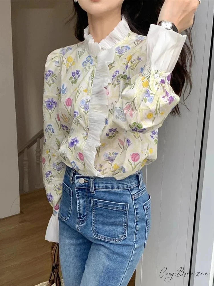 Floral Frilled Flared Sleeve Blouse blouse-250223
