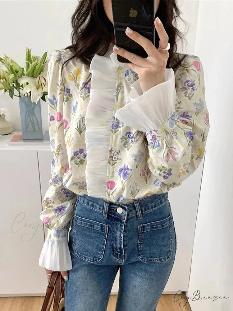 Floral Frilled Flared Sleeve Blouse blouse-250223