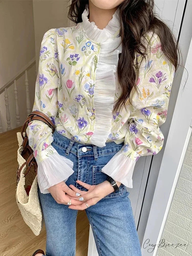 Floral Frilled Flared Sleeve Blouse white / S blouse-250223