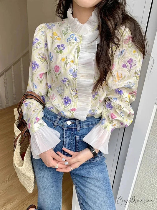 Floral Frilled Flared Sleeve Blouse white / S blouse-250223