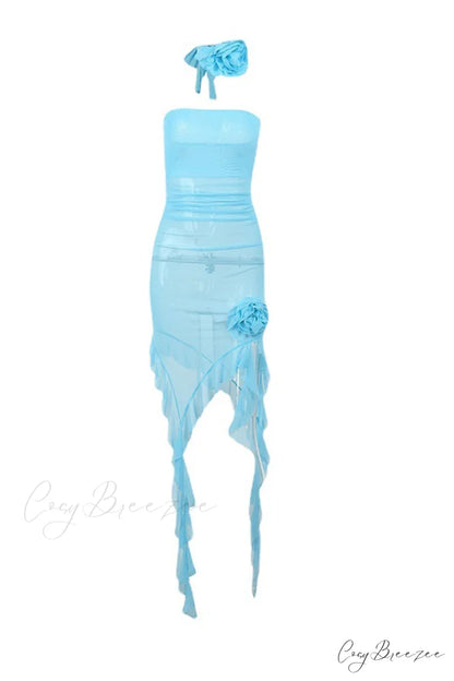 Floral Fringe Mesh Strapless Dress