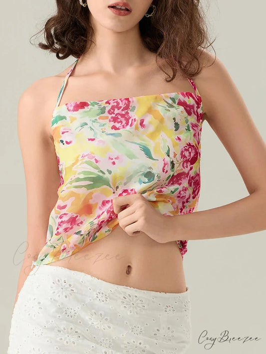 Floral Halter Backless Sleeveless Cropped Vest Camisole MULTI / S croptop-250126
