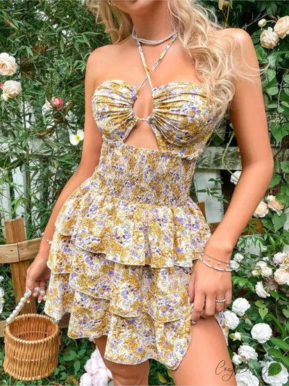 Floral Halter Lace-up Mini Dress floraldress-250126
