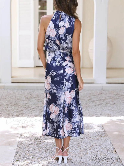 Floral Halter Neck Charming Elastic Waist Maxi Dress
