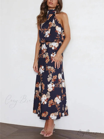 Floral Halter Neck Charming Elastic Waist Maxi Dress