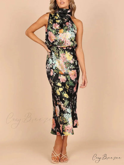Floral Halter Neck Charming Elastic Waist Maxi Dress