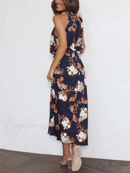 Floral Halter Neck Charming Elastic Waist Maxi Dress