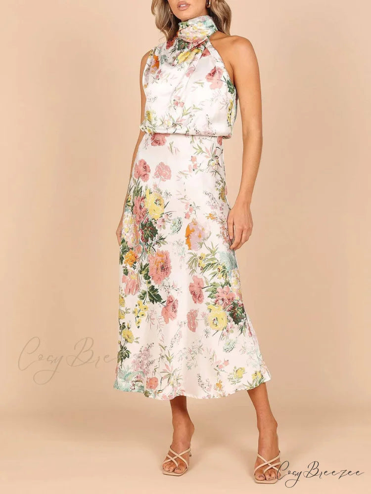 Floral Halter Neck Charming Elastic Waist Maxi Dress