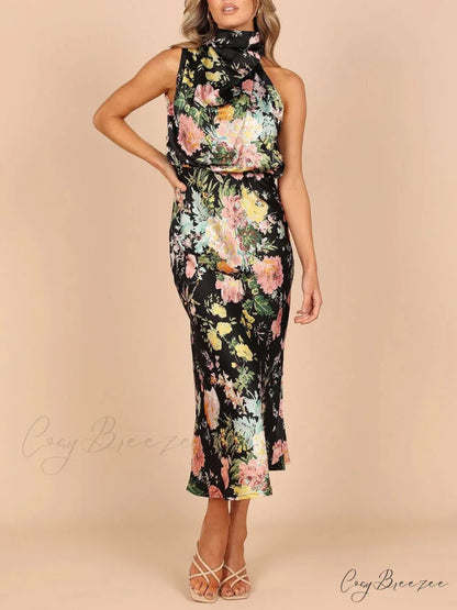 Floral Halter Neck Charming Elastic Waist Maxi Dress