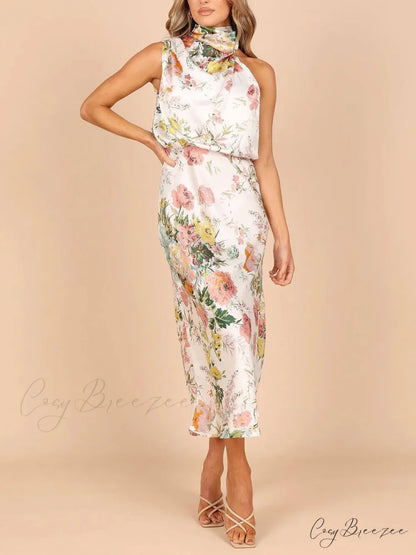 Floral Halter Neck Charming Elastic Waist Maxi Dress