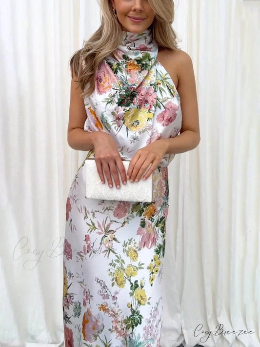 Floral Halter Neck Charming Elastic Waist Maxi Dress White / S