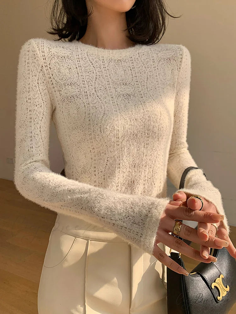 Floral Hollow Knit Crew Modern Neck Long Sleeve Top Apricot / XS