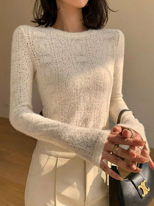 Floral Hollow Knit Crew Modern Neck Long Sleeve Top Apricot / XS