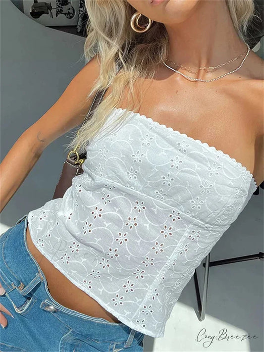 Floral Hollow-out Strapless Off-shoulder Tube Top croptop-250126