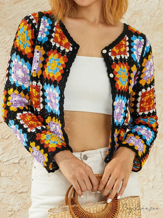 Floral Hollow Out V-Neck Crochet Cardigan Black 2 / OneSize cardiagn-250126