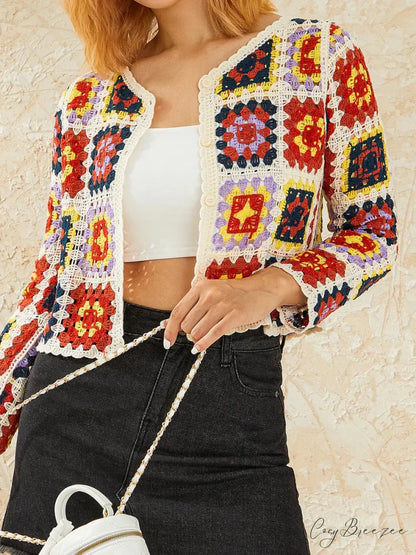 Floral Hollow Out V-Neck Crochet Cardigan Red / OneSize cardiagn-250126