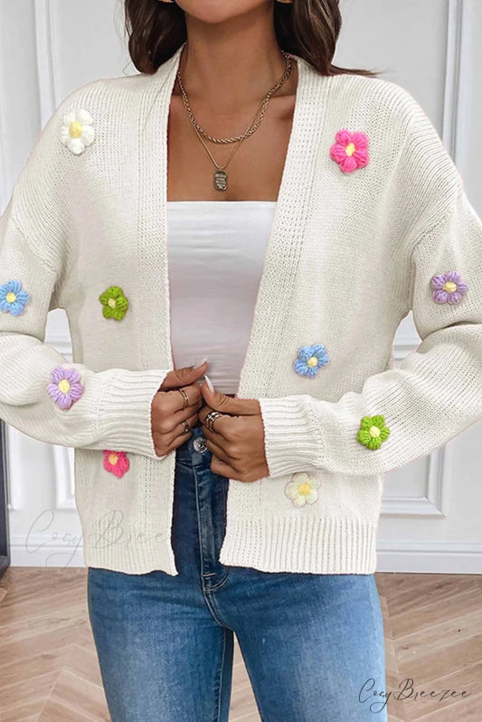 Floral Knitted Long Sleeve Cardigan White / S