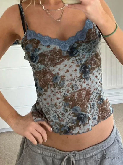 Floral Lace Backless Crop Top Blue / S croptop-250223