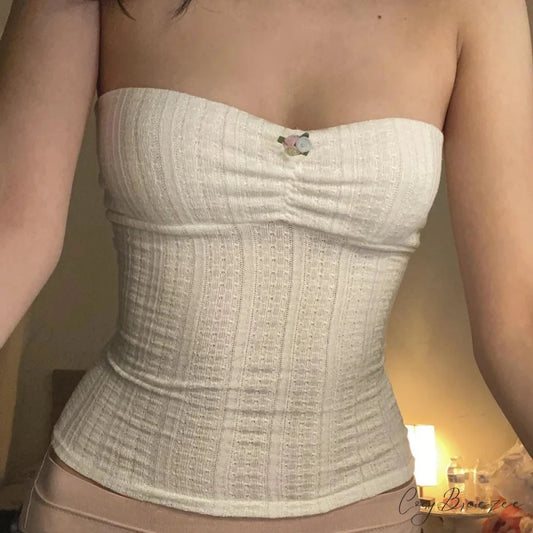 Floral Lace Bandeau Strapless Crop Top WHITE1 / S croptop-250126