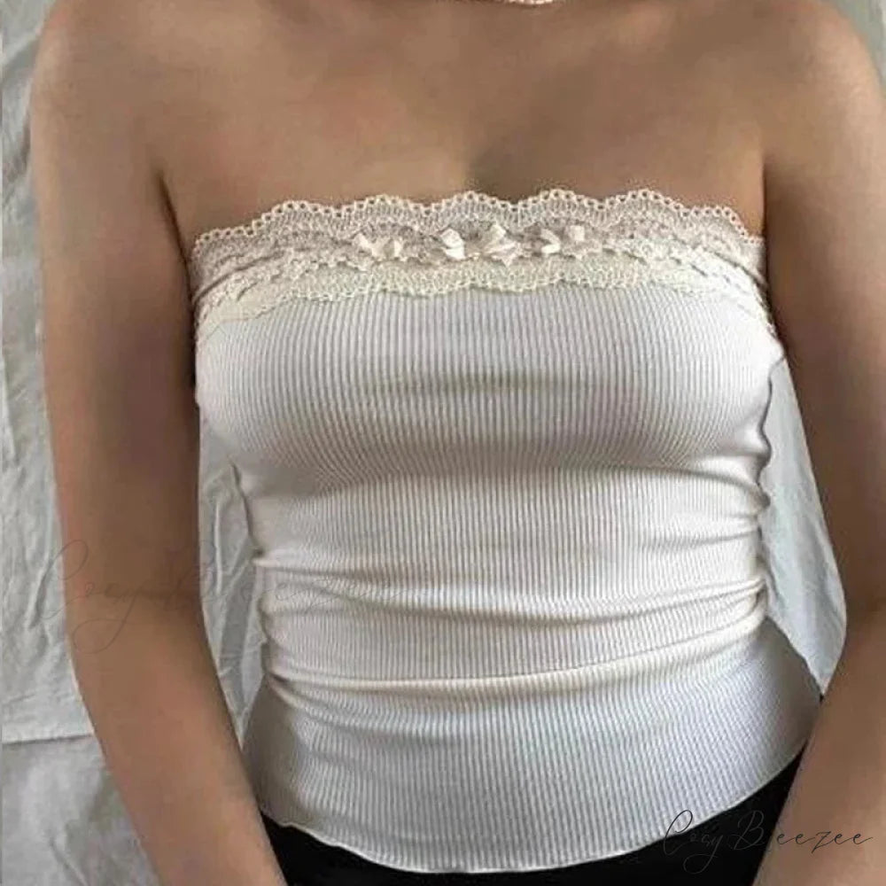 Floral Lace Bandeau Strapless Crop Top WHITE6 / S croptop-250126