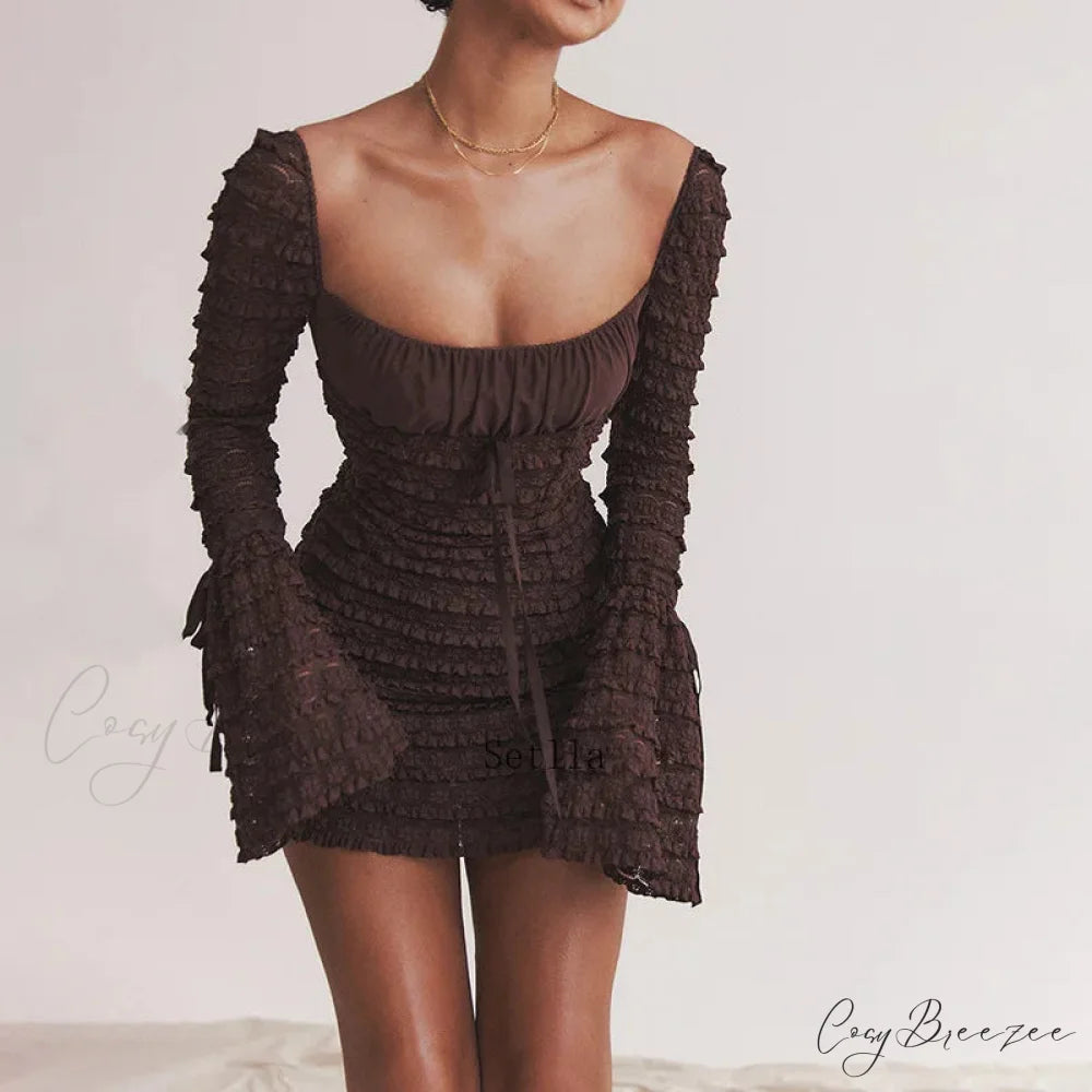 Floral Lace Club Party Rich Brown Flare Sleeve Mini Dress
