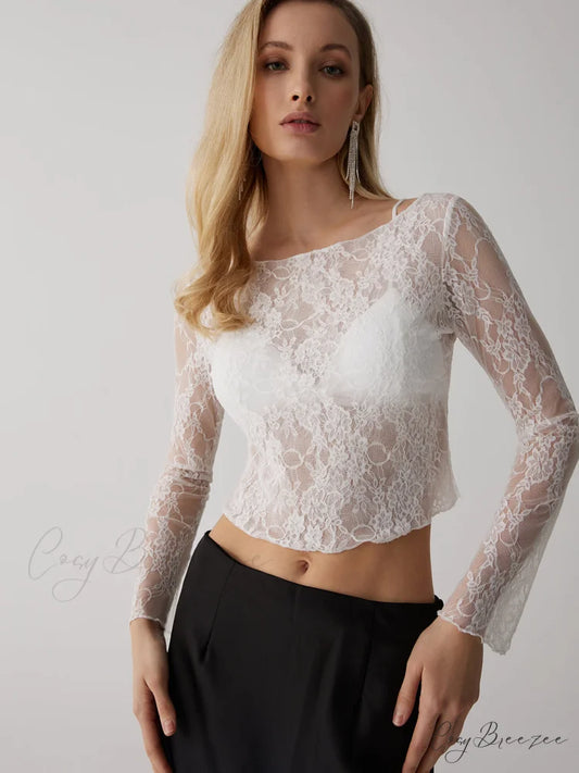 Floral Lace Graceful See Through Top White / S