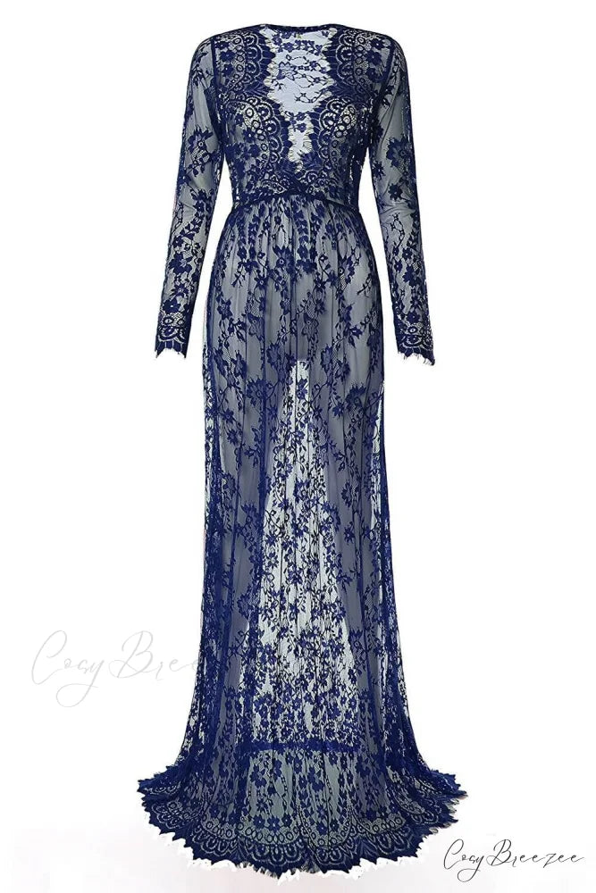 Floral Lace High Waist Slim Long Dress with Sheer Detail S / Apricot