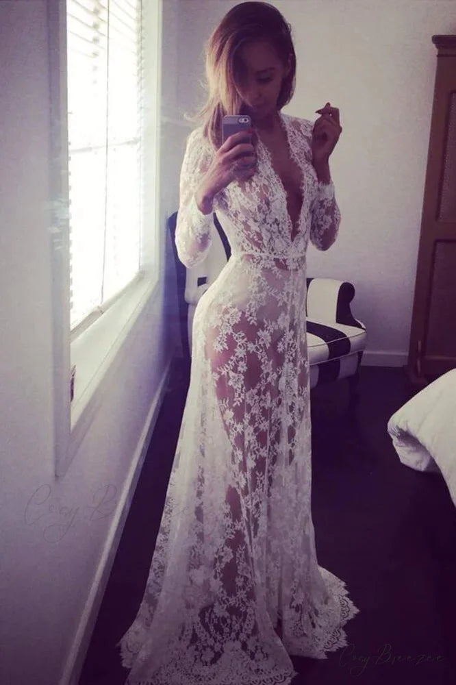 Floral Lace High Waist Slim Long Dress with Sheer Detail S / Black