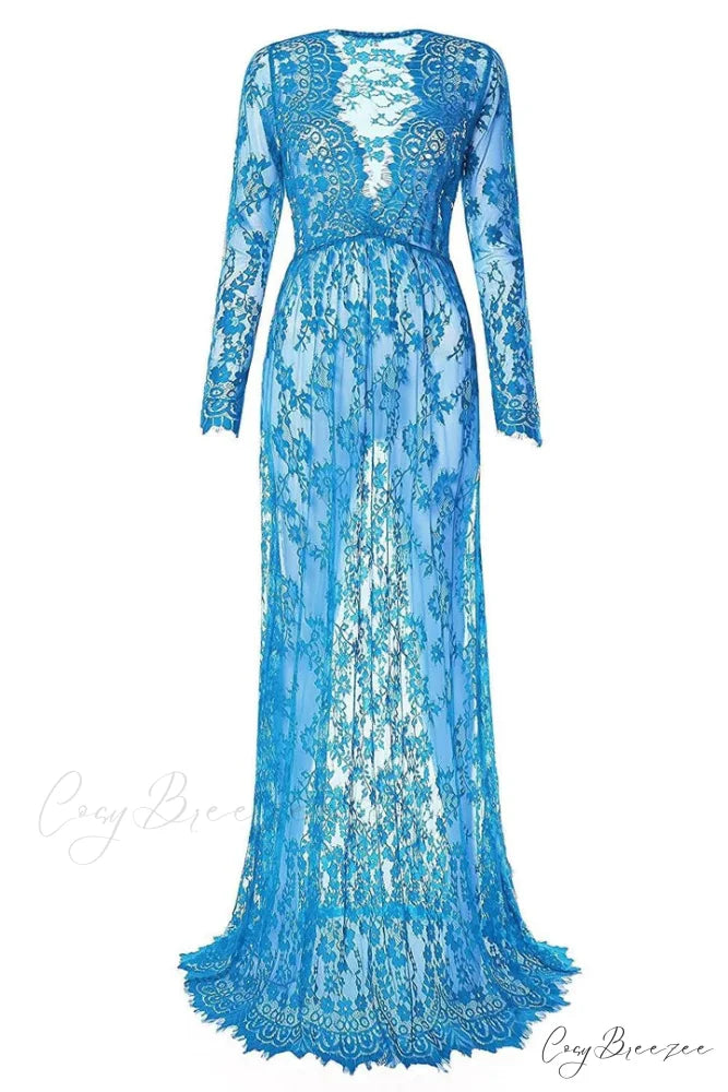 Floral Lace High Waist Slim Long Dress with Sheer Detail S / Burgundy