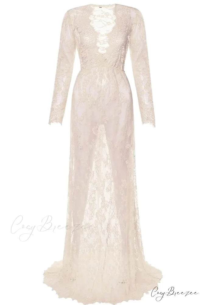 Floral Lace High Waist Slim Long Dress with Sheer Detail S / Pink