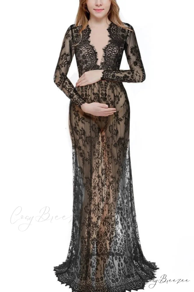 Floral Lace High Waist Slim Long Dress with Sheer Detail S / White