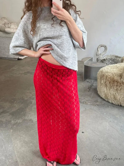 Floral Lace Low Waist Maxi Skirt Red / S skirts-250223