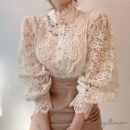Floral Lace Patchwork Petal Sleeve Blouse Apricot / S blouse-250223