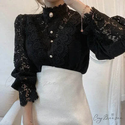 Floral Lace Patchwork Petal Sleeve Blouse Black / S blouse-250223