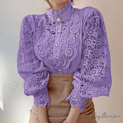 Floral Lace Patchwork Petal Sleeve Blouse PURPLE / S blouse-250223
