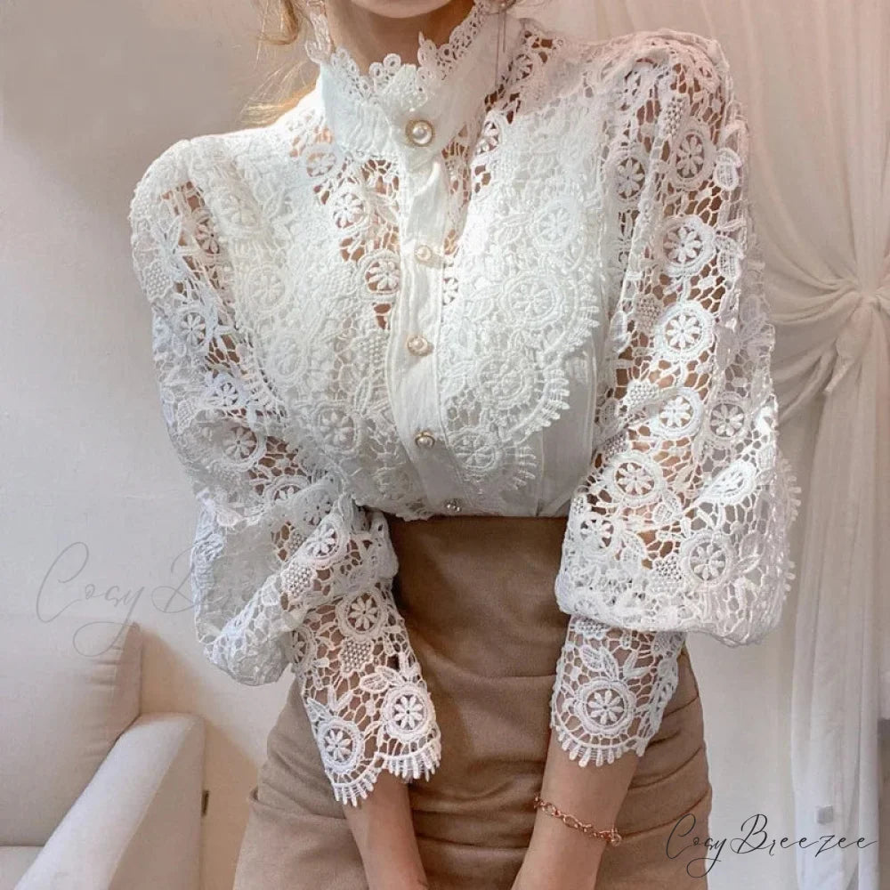 Floral Lace Patchwork Petal Sleeve Blouse WHITE / S blouse-250223