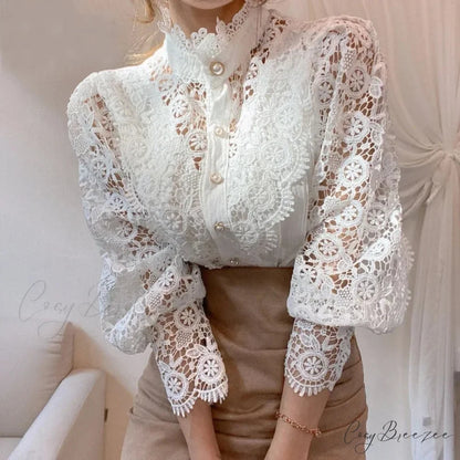 Floral Lace Patchwork Petal Sleeve Blouse WHITE / S blouse-250223